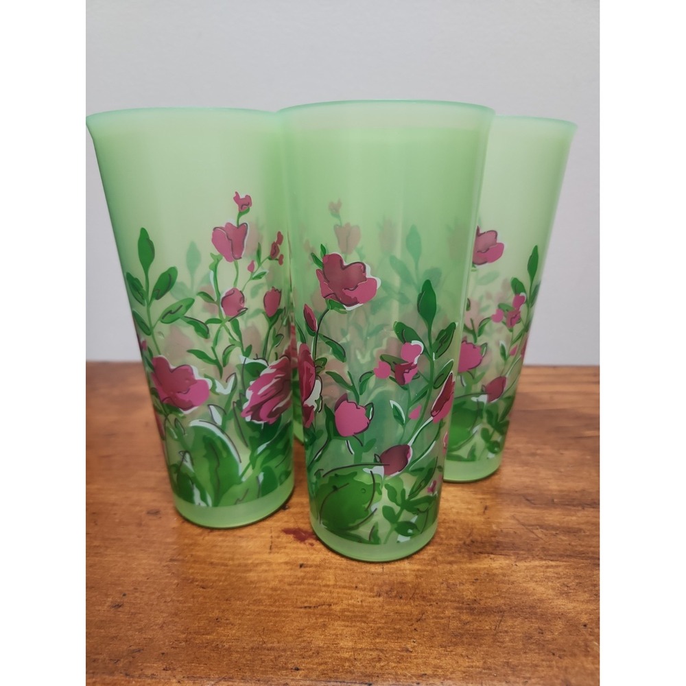 4 Tupperware Springtime Pink TULIP TUMBLERS Green Lids 16 oz 6.5" Tall